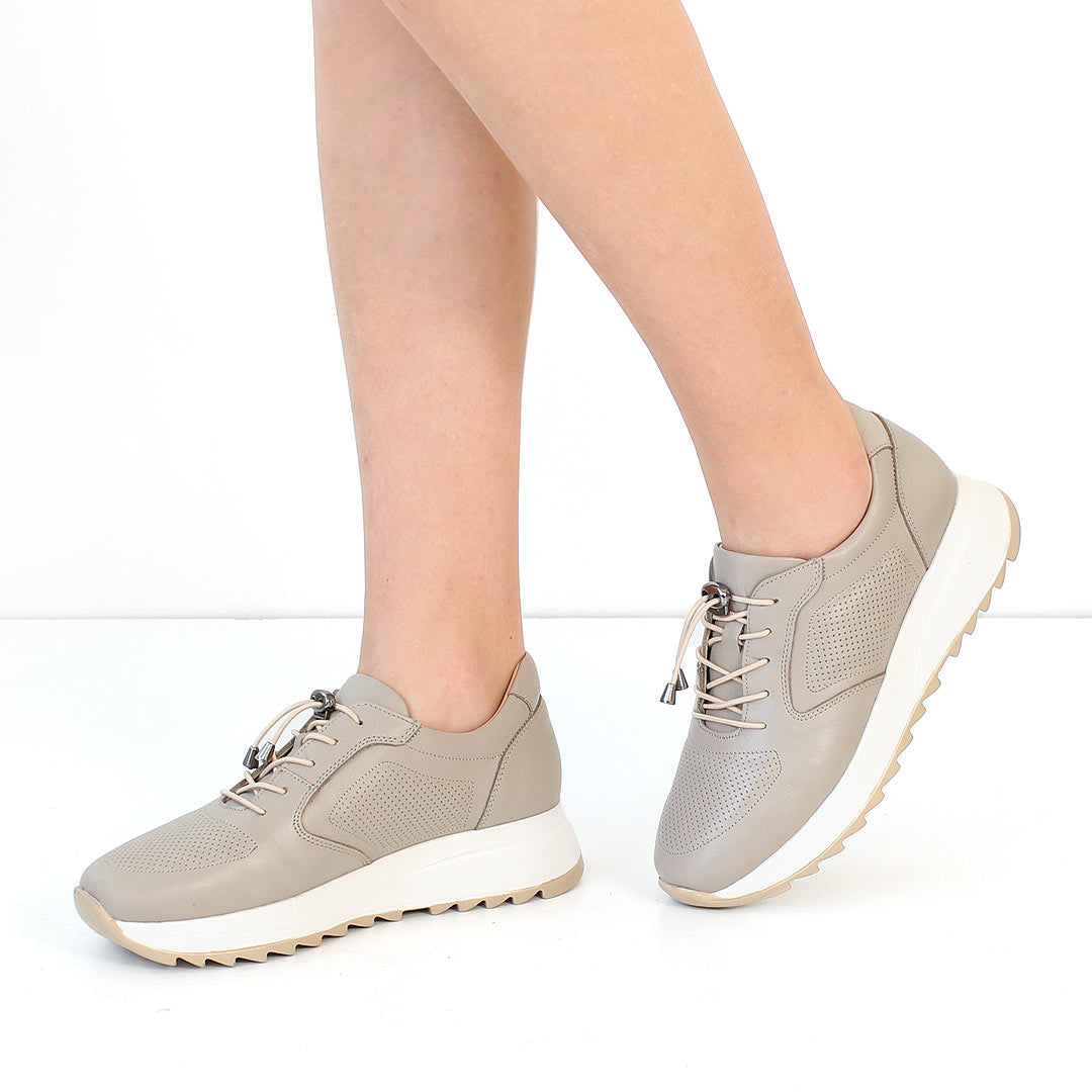 Women's Beige Leather Sneakers with Perforated Design (366-28219)