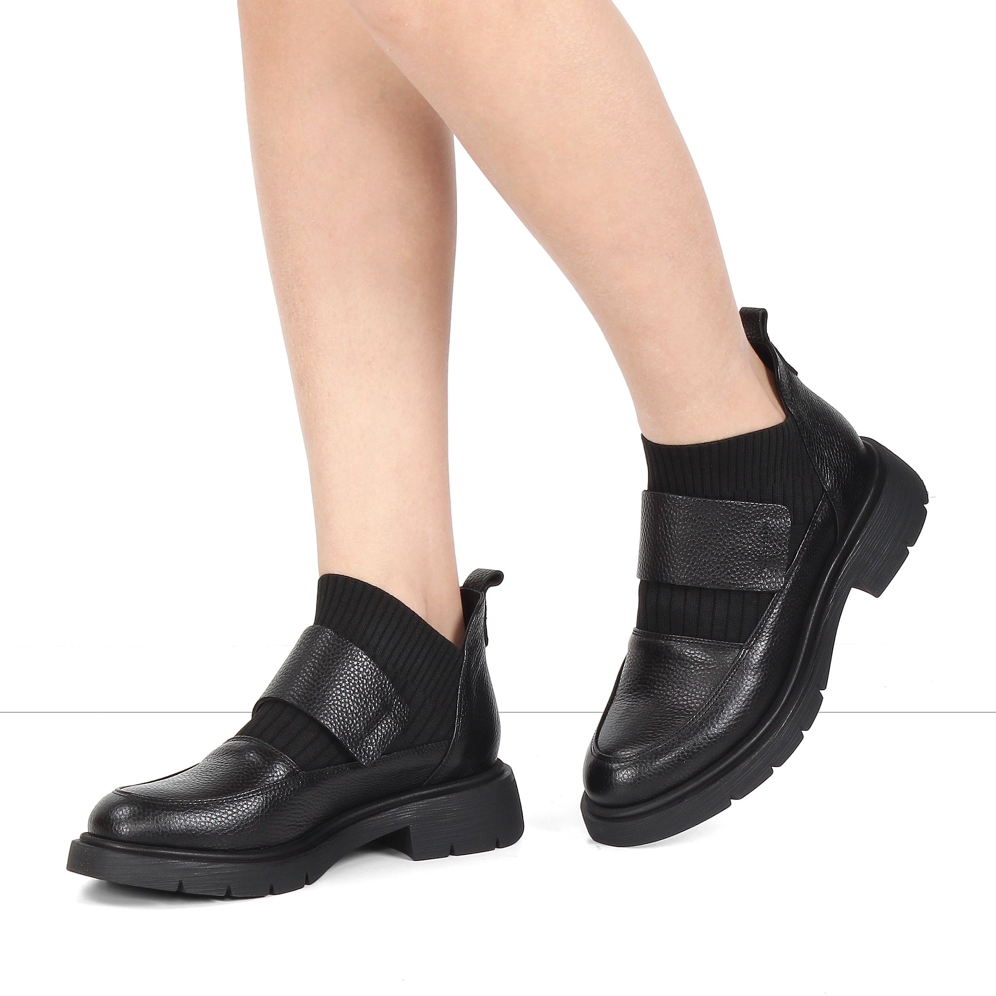 Damen Loafer Boots Schwarz Glattleder mit Strickschaft (013-28811)