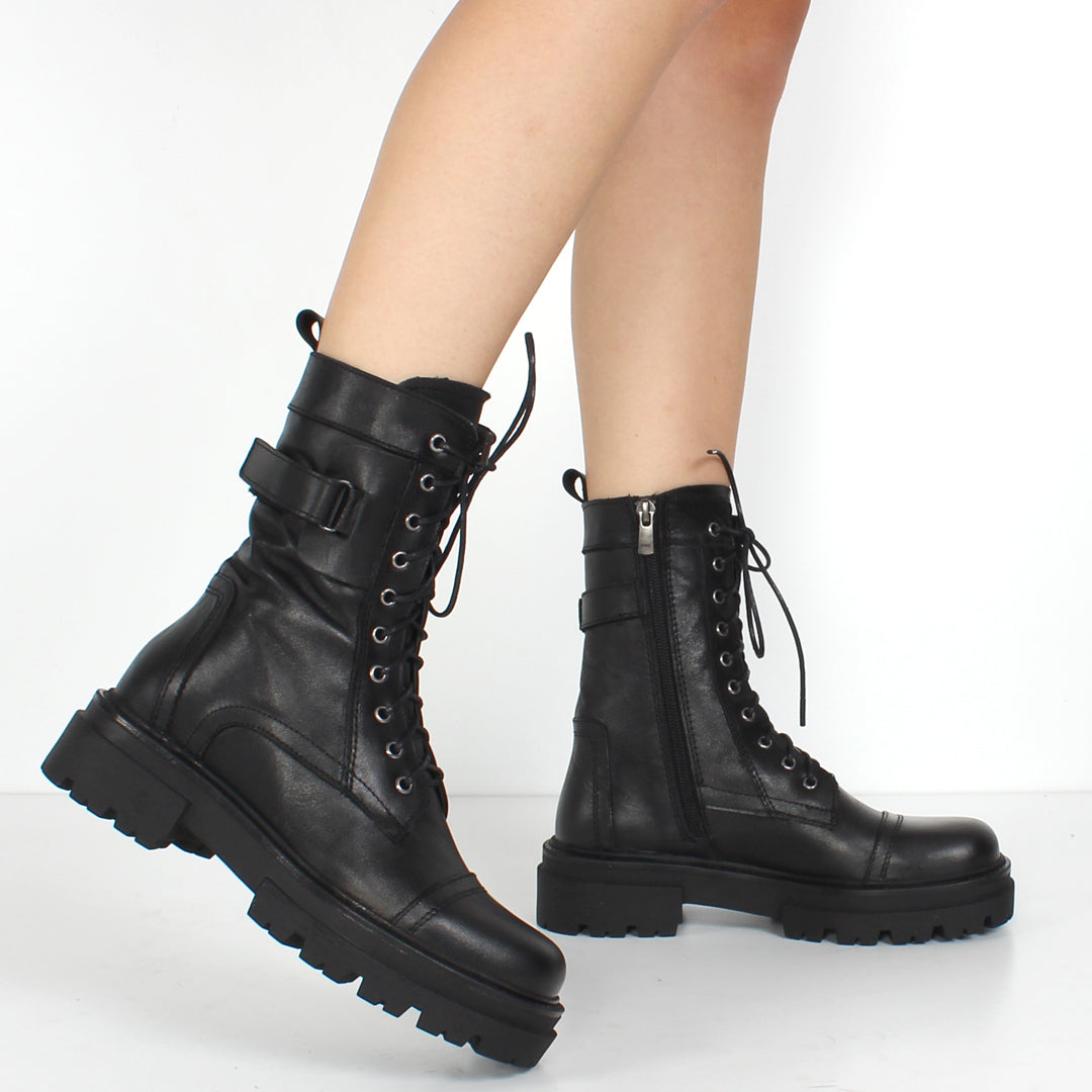 Women's Black Leather Combat Boots with Chunky Sole (029-20122)