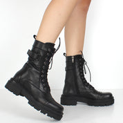 Women's Black Leather Combat Boots with Chunky Sole (029-20122)