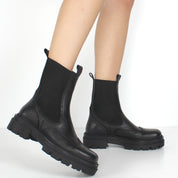 Women's Black Leather Chelsea Boots with Chunky Sole (029-20123)