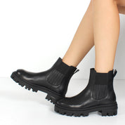 Damen Schwarze Leder-Chelsea-Stiefel mit Blockabsatz (029-20124)
