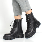 Women's Black Leather Lace-Up Boots with Block Heel (029-20130)