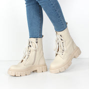 Damen Beige Leder-Schnürstiefel mit Blockabsatz (029-20130)