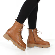 Women's Tan Leather Combat Boots with Chunky Sole (029-20136)