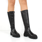 Damen Schwarze Kniehohe Leder-Stiefel mit Chunky-Sohle (029-20141)