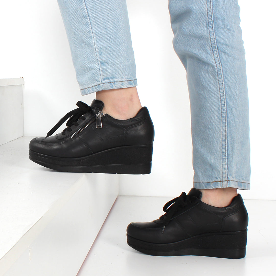 Women's Black Leather Wedge Sneakers with Zipper (115-162)