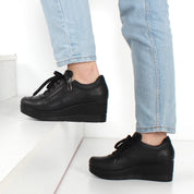 Women's Black Leather Wedge Sneakers with Zipper (115-162)