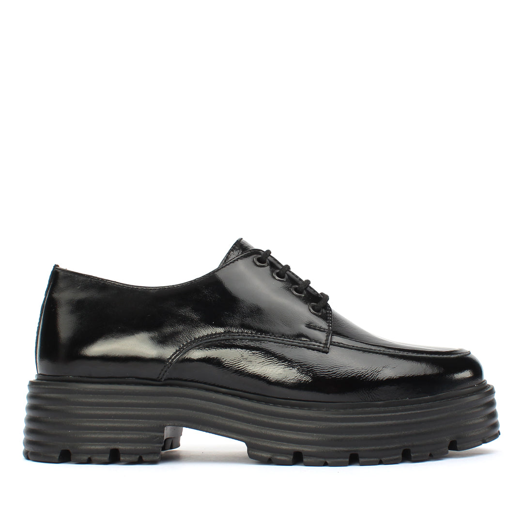Women's Black Patent Leather Lace-Up Shoes with Block Heel (383-20956)