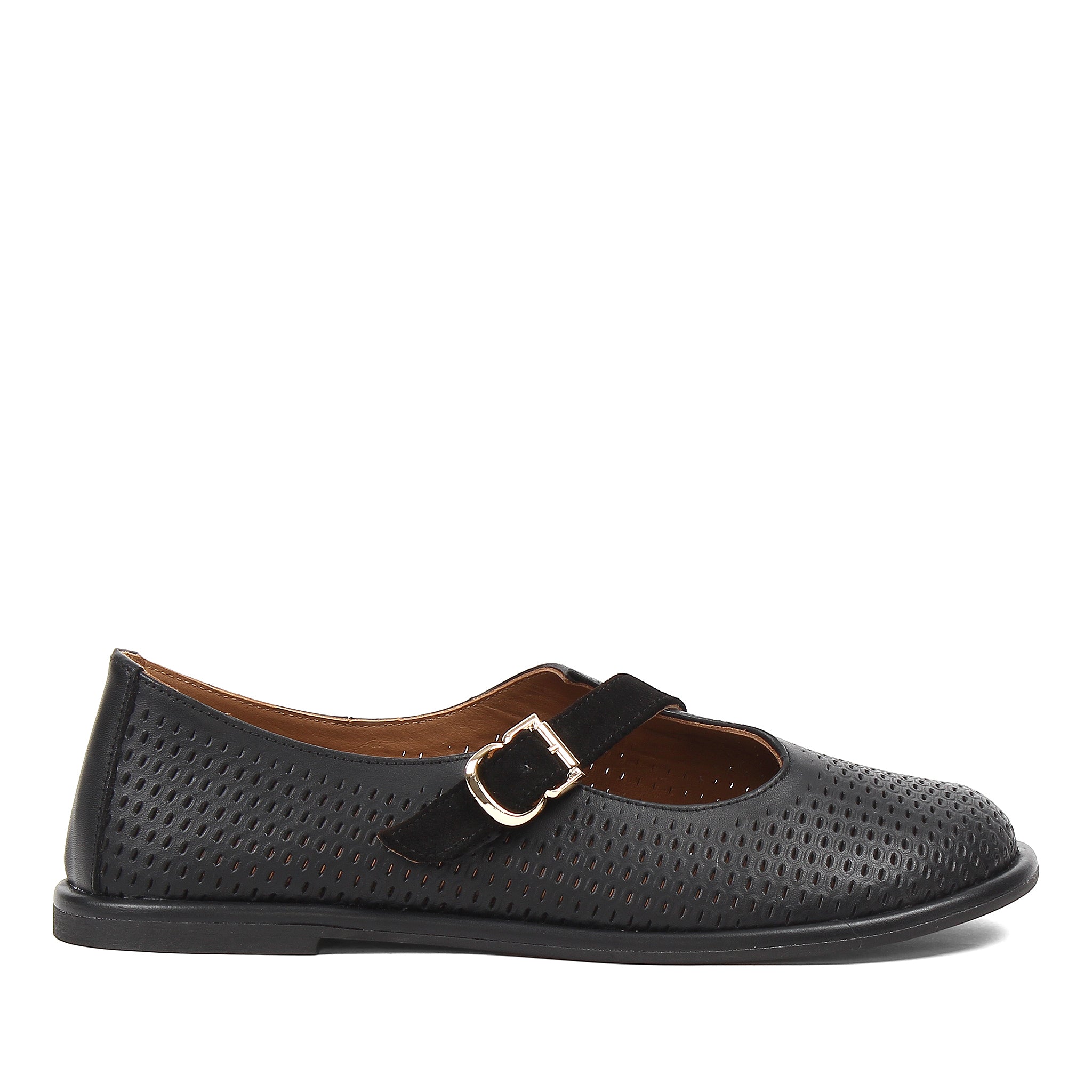 Women's Black Leather Flat Shoes with Side Buckle and Comfort Sole (726-28427)
