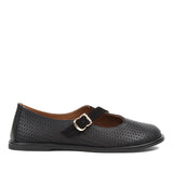 Women's Black Leather Flat Shoes with Side Buckle and Comfort Sole (726-28427)