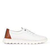 Damen Slipper aus weißem Leder mit braunem Fersenakzent (664-25916)