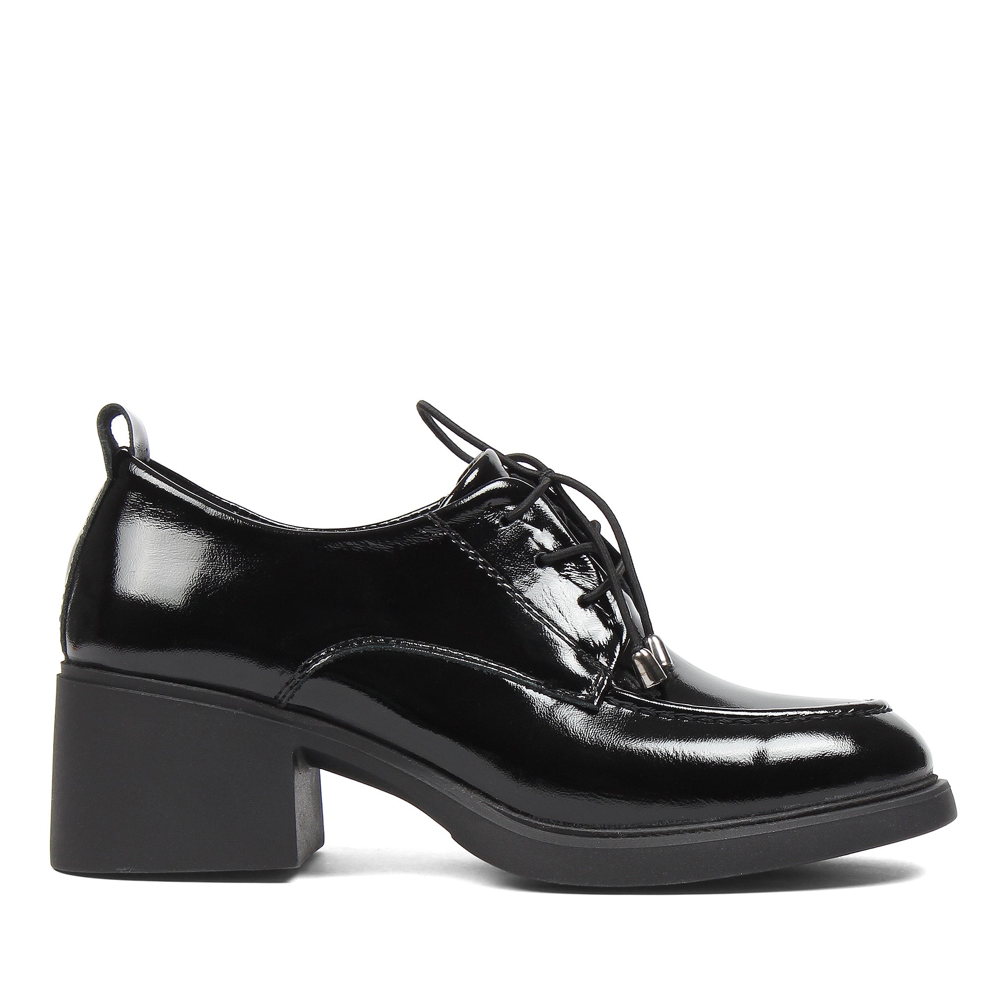 Women's Black Patent Block Heel Oxford Shoes with Laces (727-28639)