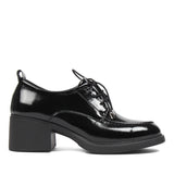 Women's Black Patent Block Heel Oxford Shoes with Laces (727-28639)