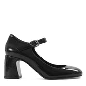 Damen Mary Jane Pumps aus schwarzem Lackleder mit Blockabsatz und Riemen (752-31700)