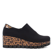 Damen Plateau-Slipper – Schwarz mit braunem Leo-Muster (317-401)
