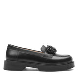 Damen Schwarze Leder Loafer mit Dekorativem Akzent (494-25826)