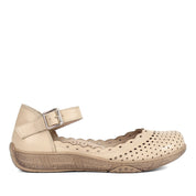 Damen Mary Jane Ballerinas aus beigem Leder mit Lochmuster und Schnalle (288-31106)