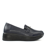 Damen Marineblaue Lederschuhe mit Keilabsatz (376-20418)
