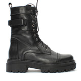 Damen Schwarze Leder-Kampfstiefel mit markanter Sohle (029-20122)