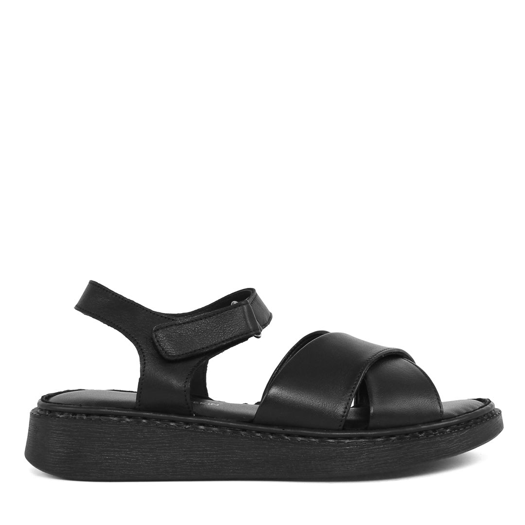 Damen Sandalen aus schwarzem Leder mit Klettverschluss und Plateau (366-28211)