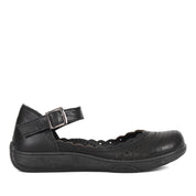 Damen Mary Jane Ballerinas aus schwarzem Leder mit Lochmuster und Schnalle (288-31106)