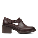 Women's Brown Leather Block Heel Shoes with Side Buckle Strap (727-28634)
