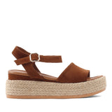 Damen Keilsandalen aus cognacfarbenem Wildleder mit Bastsohle (297-27512)