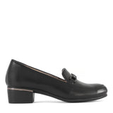 Women's Black Leather Classic Shoes with Block Heel (494-25823)