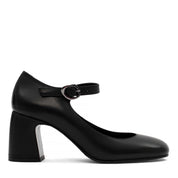 Damen Mary Jane Pumps aus schwarzem Leder mit Blockabsatz und Riemen (752-31700)