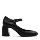 Women’s Black Leather Mary Jane Heels with Block Heel and Strap(752-31700)