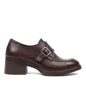 Women's Brown Leather Block Heel Shoes with Side Buckle Strap (727-28666)