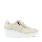 Women's Beige Leather Wedge Sneakers with Zipper (115-162)