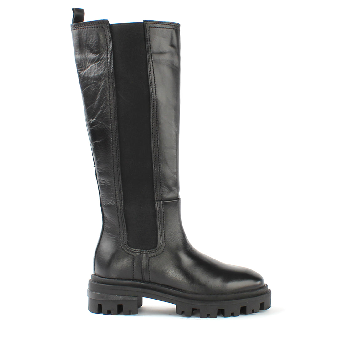 Damen Schwarze Kniehohe Leder-Stiefel mit Chunky-Sohle (029-20141)