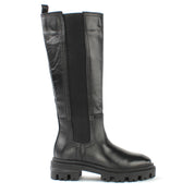 Damen Schwarze Kniehohe Leder-Stiefel mit Chunky-Sohle (029-20141)