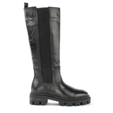 Damen Schwarze Kniehohe Leder-Stiefel mit Chunky-Sohle (029-20141)