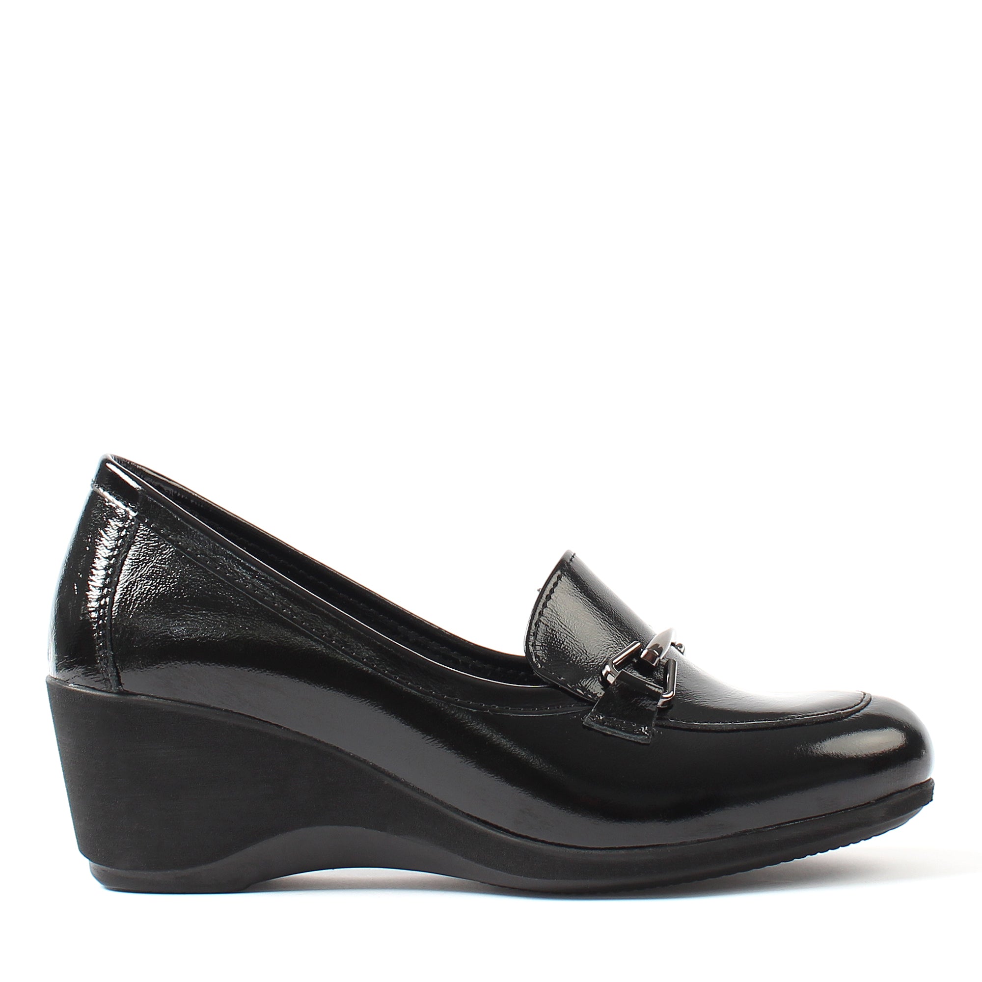 Women's Black Patent Leather Wedges with Decorative Detail (376-20429)