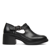 Damen Blockabsatz Schuhe Schwarz Leder mit Schnallenriemen (727-28634)