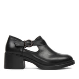 Women's Black Leather Block Heel Shoes with Side Buckle Strap (727-28634)
