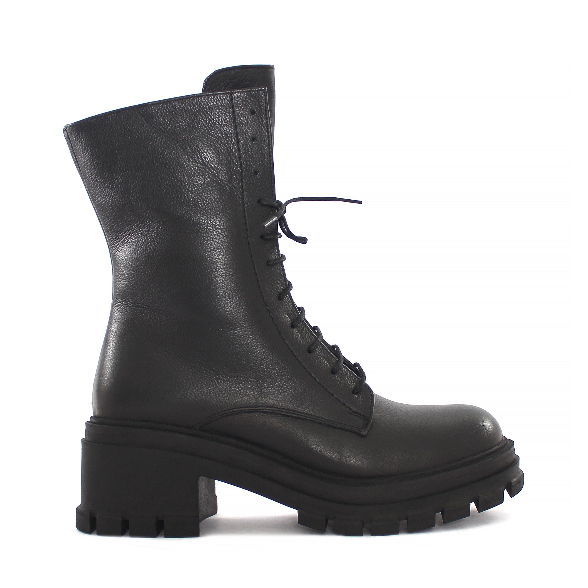 Damen Schwarze Leder-Kampfstiefel mit hohem Blockabsatz (625-23948)