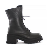 Women's Black Leather Combat Boots with High Block Heel (625-23948)