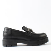 Women's Black Leather Loafers with Block Heel (383-20966)