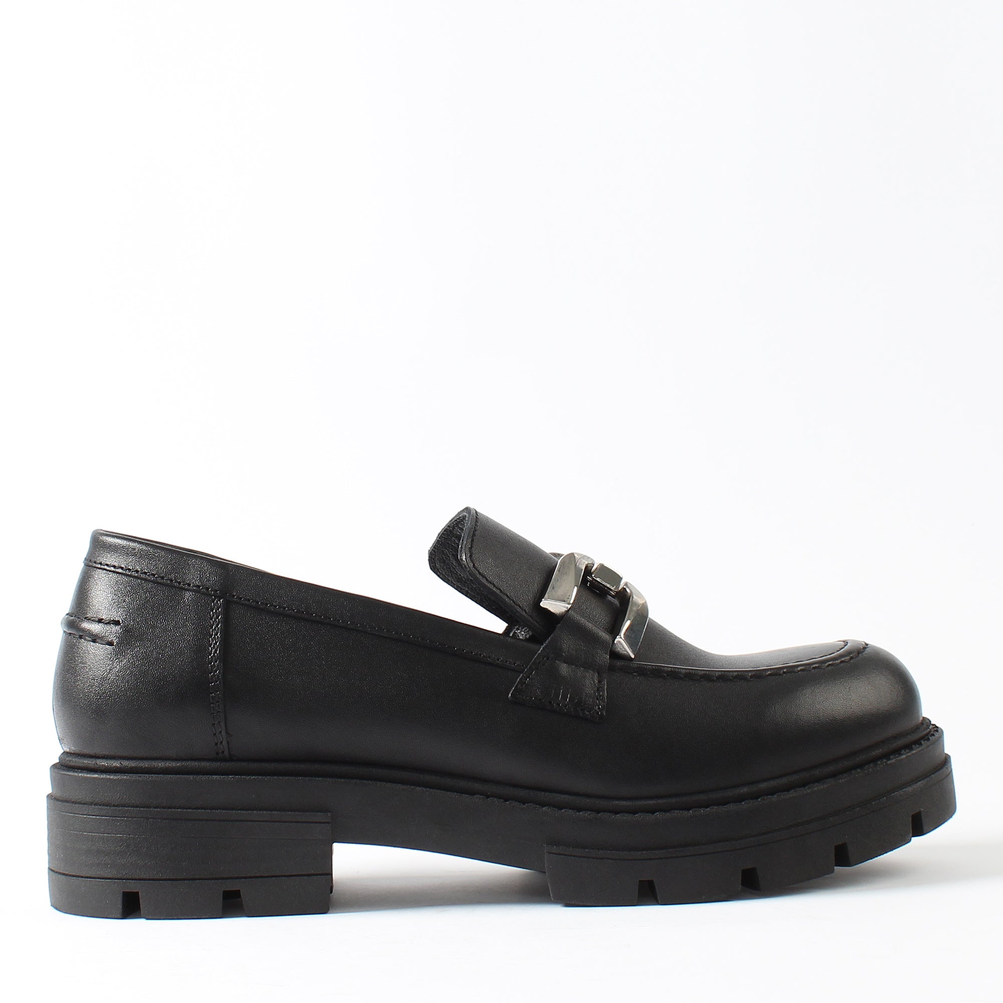 Women's Black Leather Loafers with Block Heel (383-20966)