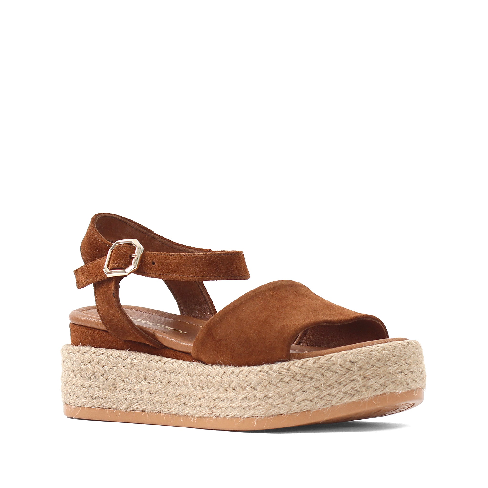 Damen Keilsandalen aus cognacfarbenem Wildleder mit Bastsohle (297-27512)