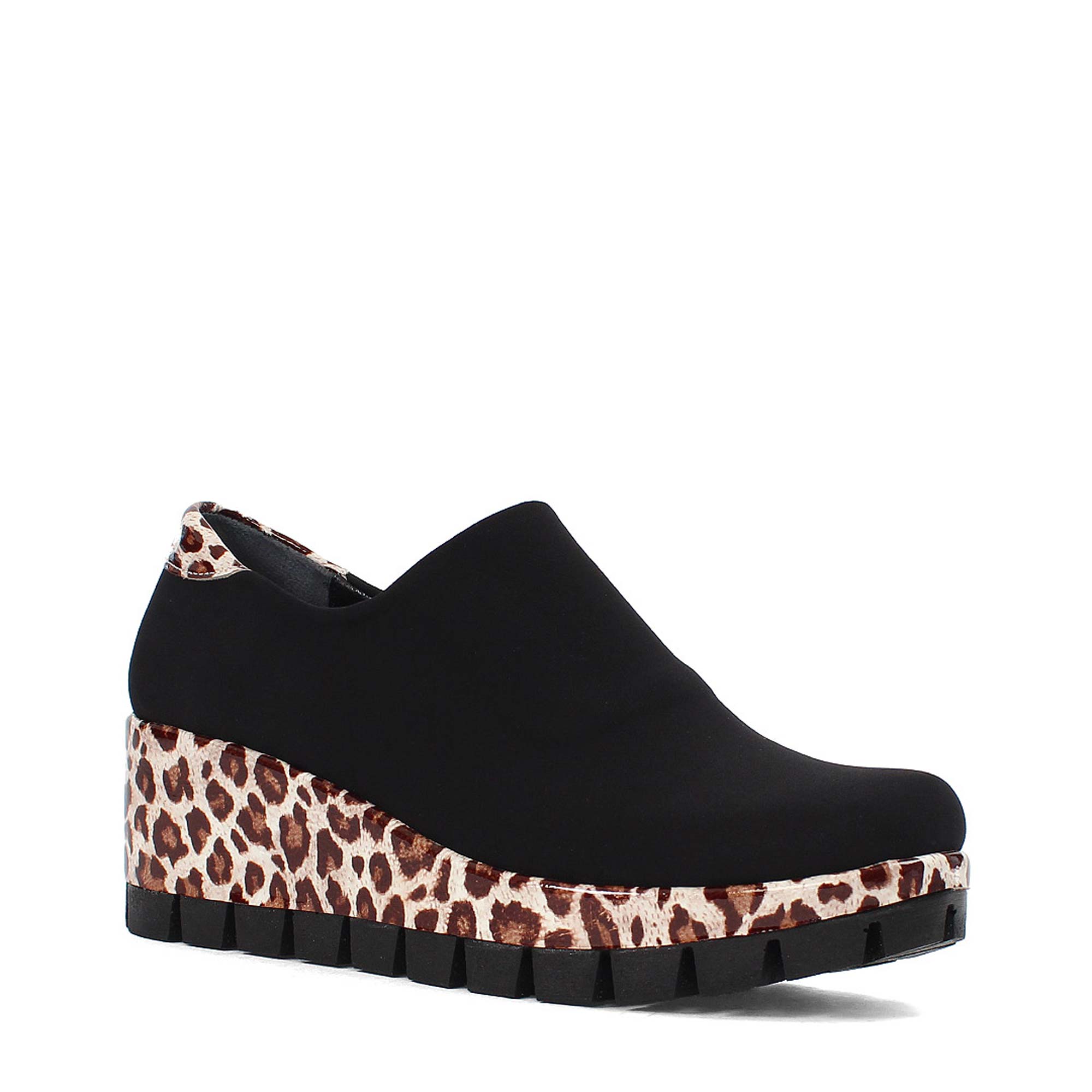 Damen Plateau-Slipper – Schwarz mit braunem Leo-Muster (317-401)