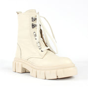 Damen Beige Leder-Schnürstiefel mit Blockabsatz (029-20130)