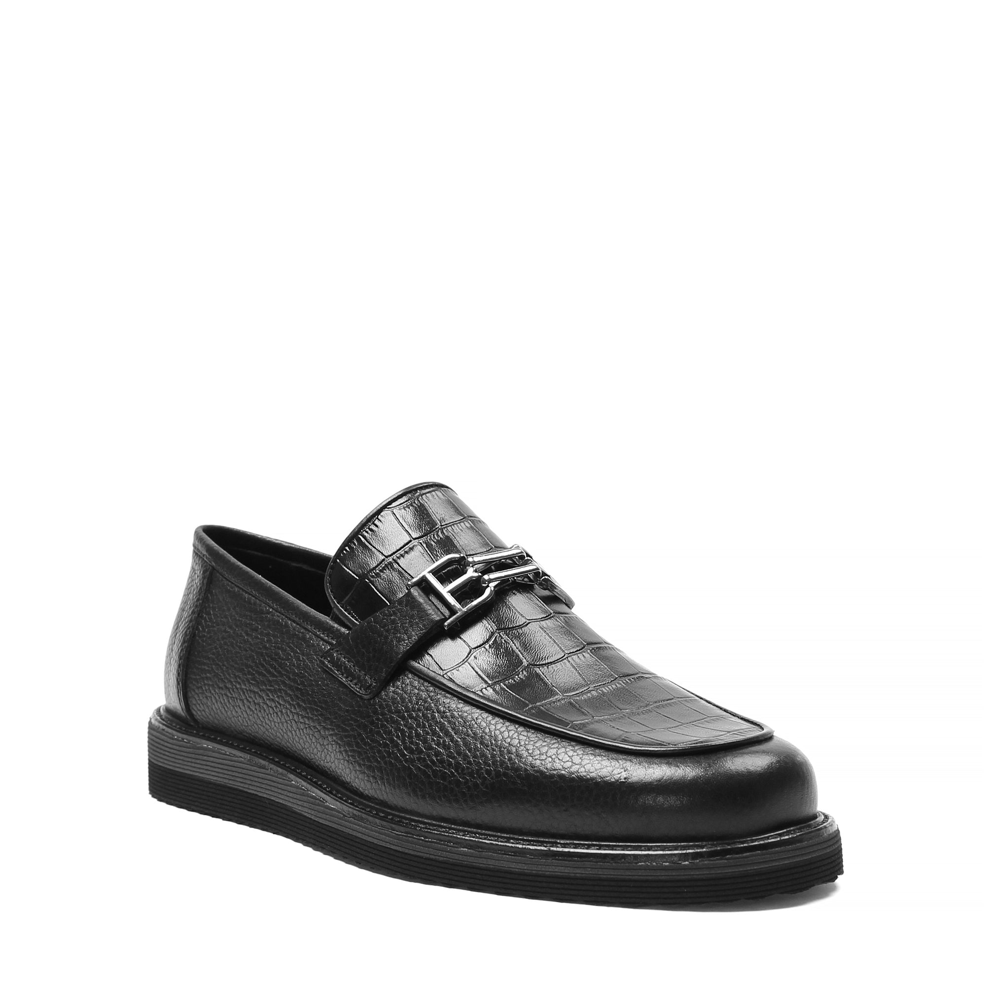 Men's Black Leather Loafers with Croco Pattern (642-1530)