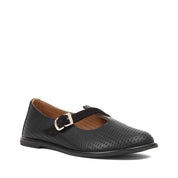 Women's Black Leather Flat Shoes with Side Buckle and Comfort Sole (726-28427)