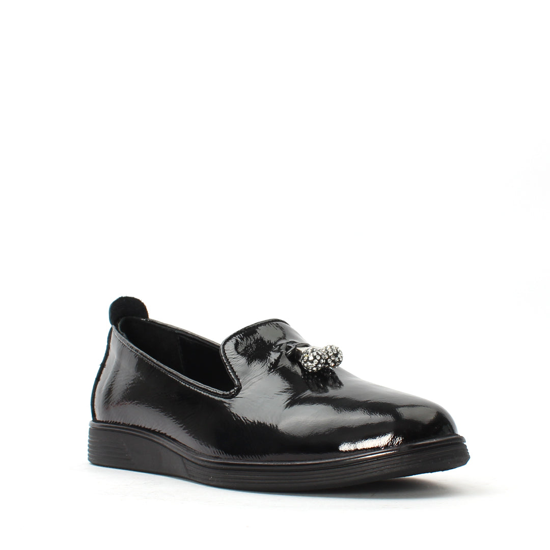 Damen Schwarze Lack-Loafer mit Schmuckverzierung (376-20415)