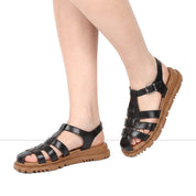 Women's Black Leather Fisherman Sandals with Adjustable Buckle (728-28505)